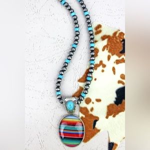 Serapes oval silver pearl and turquoise bead necklace